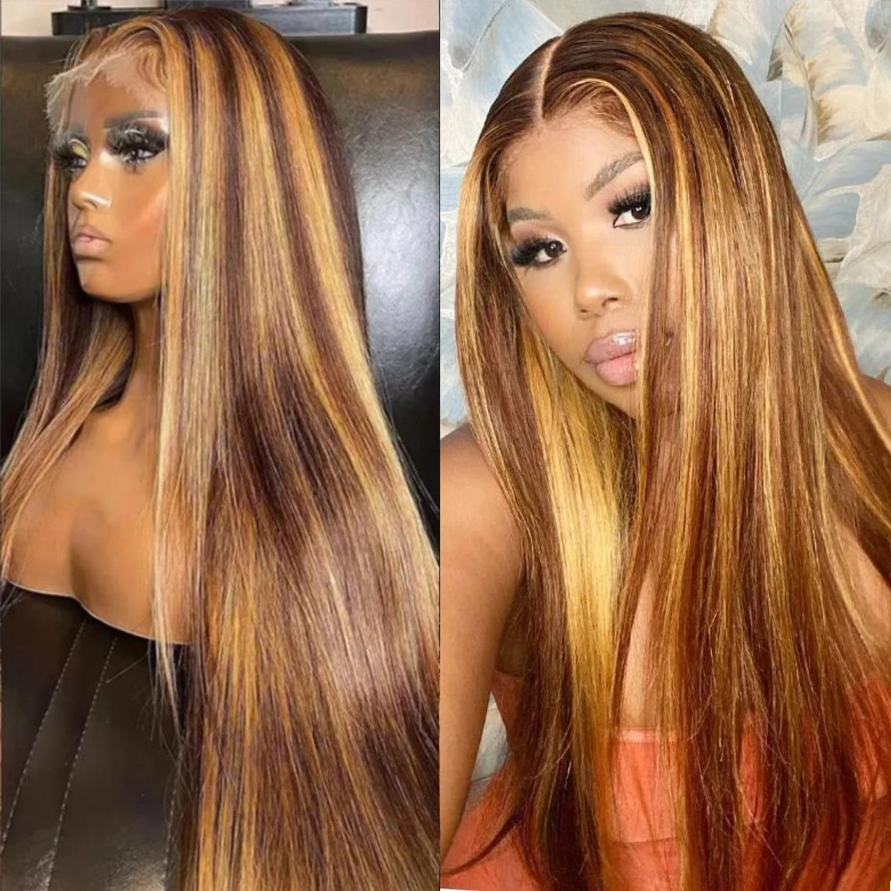 

220% Density Highlight Wig Full Straight Lace Front Human Hair Wigs Pre Plucked 4/27 Colored 13x6 Brazilian Hd Lace Frontal Wigs