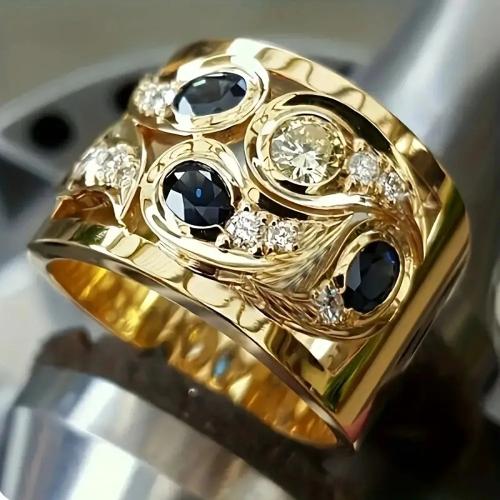 Retro Engraved Vine Hollowed-out Floral Simulated Sapphire 5A Zircon Wide Band Rings for Women Men Finger Jewelry Does Not Fade