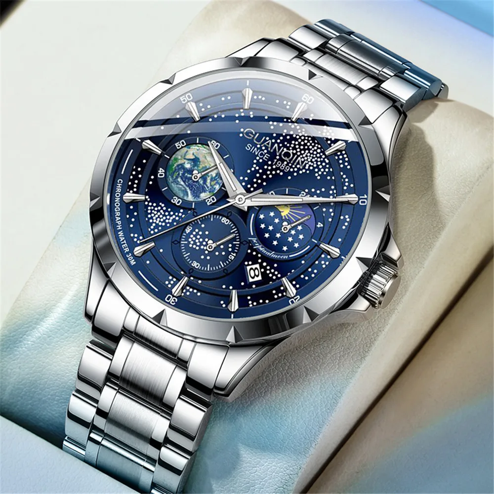 GUANQIN Steel or Leather Band Luxury Quartz Wrist Watch Men Moon Phase Waterproof Sapphire Clock Rhinestone Luminous Chronograph