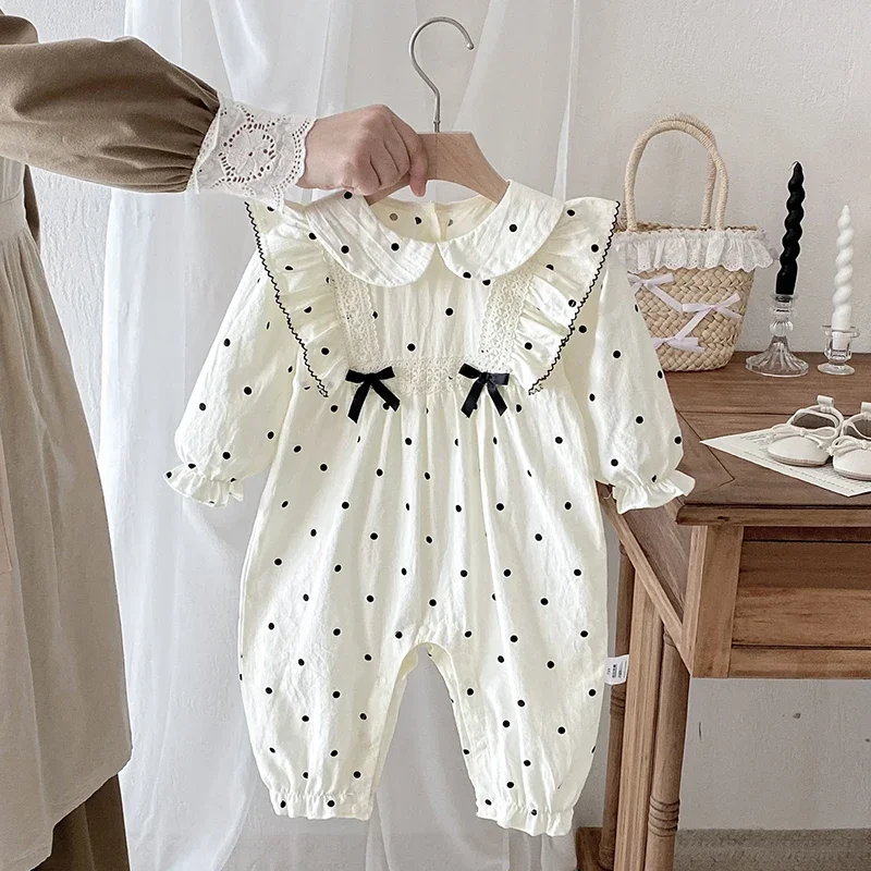 2025 New Autumn Toddler Baby Girls Romper Long Sleeved Cotton Dot Print Infant Baby Girls Jumpsuit 0-24M Children Clothes