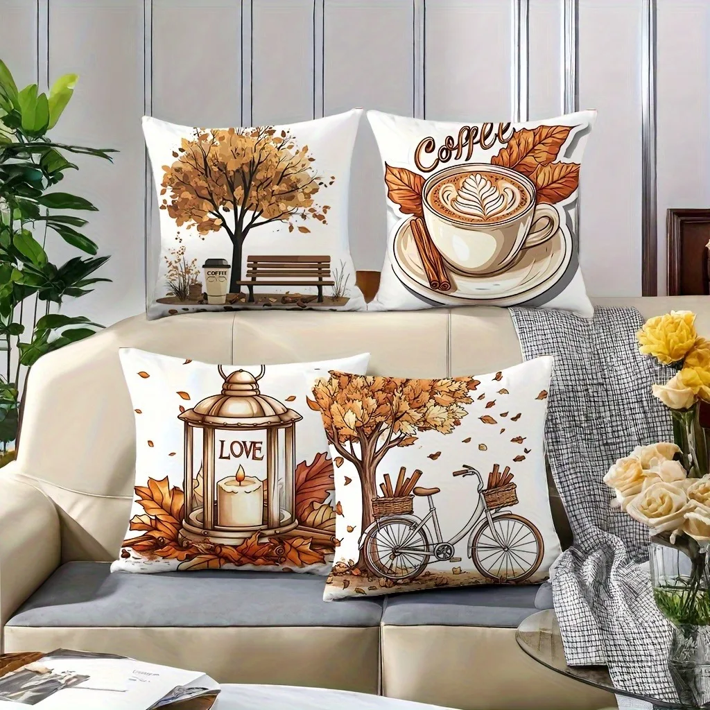 

Artistic Maple Bench Coffee Cup Candle Lantern Pillow Cover Modern Art Cafe Scene Print Multipurpose Design Sofa Living Room
