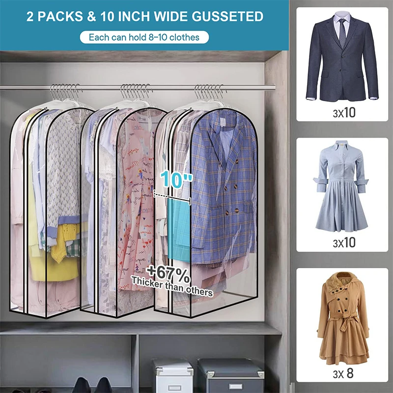 2 Pcs Transparent PEVA Garment Bag White Non-woven Suit Dust Cover Clothing Storage for Hanging Clothes Suit Bag