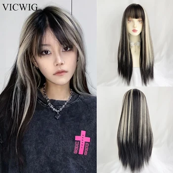 VICWIG Ombre Black Blonde Mixed Wig with Bangs Synthetic Long Straight Natural Women Lolita Cosplay Hair Wigs for Daily Party 1