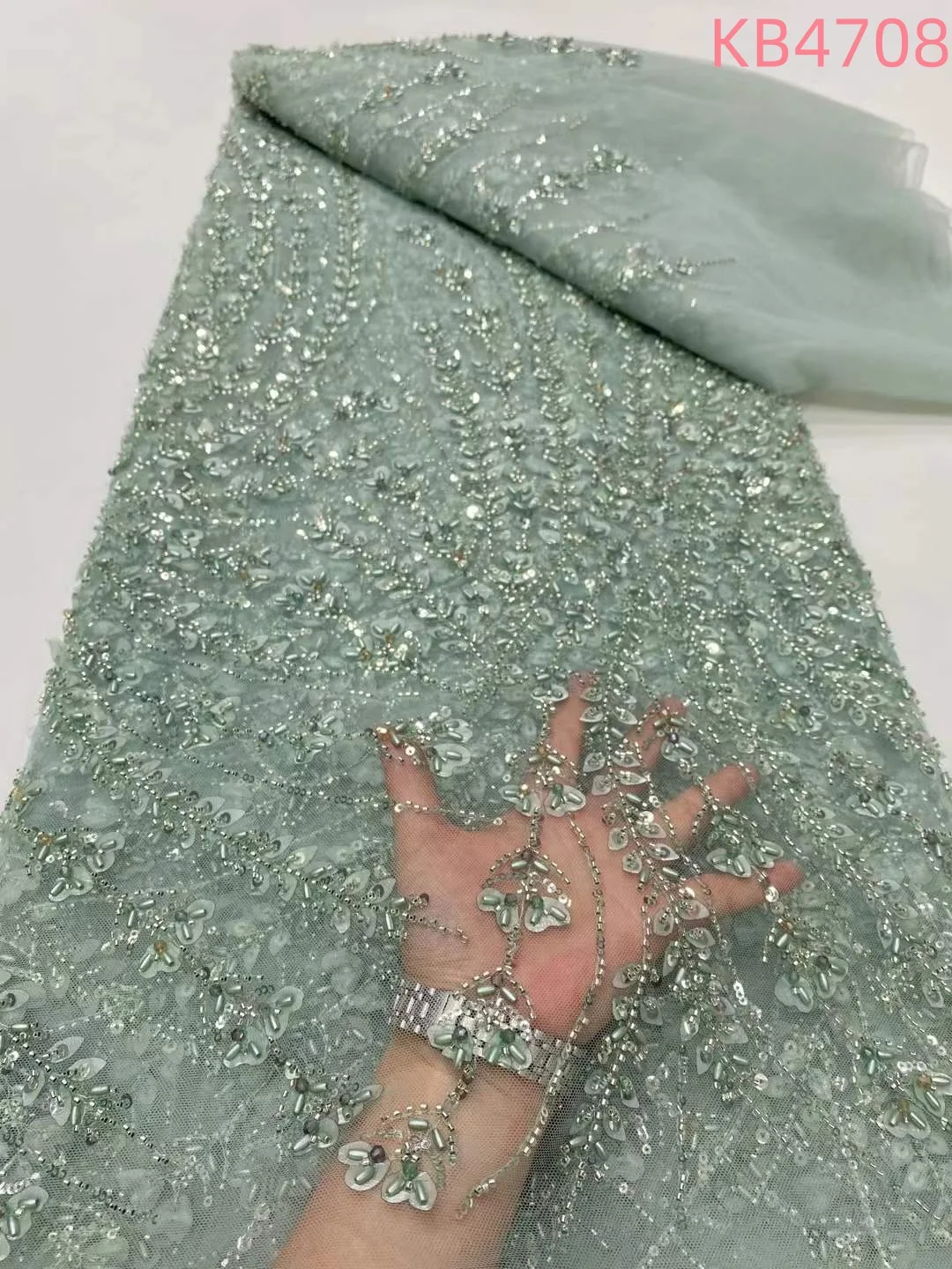 

5 Yards Burnt Orange Beaded French Mesh Lace African Lace Fabrics High Quality 2025 Green Sequence Lace For Sewing KB4708