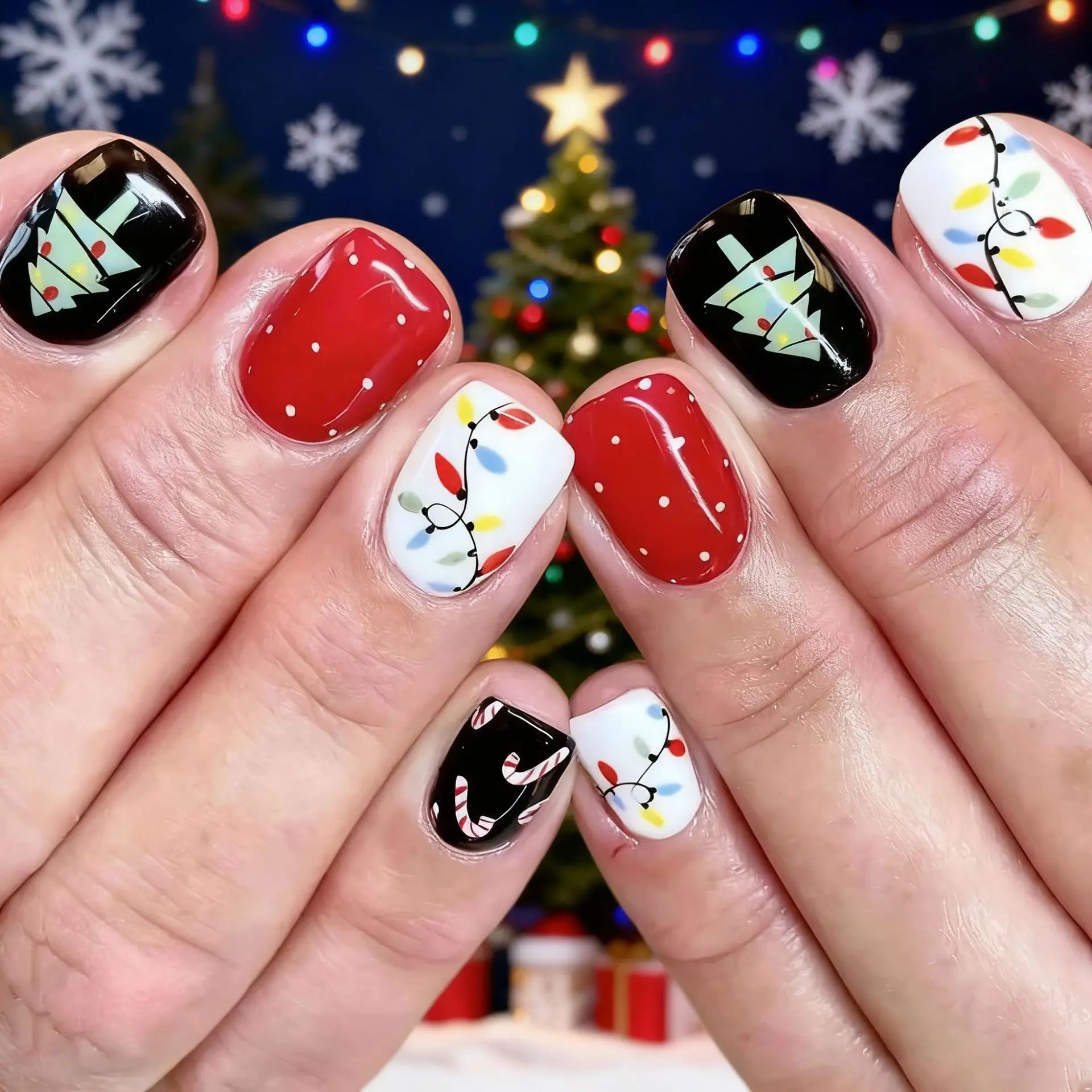 

24PCS Sweet Cartoon False Nails Christmas Tree Lights Press on Nails Polka Dot Short Fake Nails Cute Holiday накладные ногти 네일팁