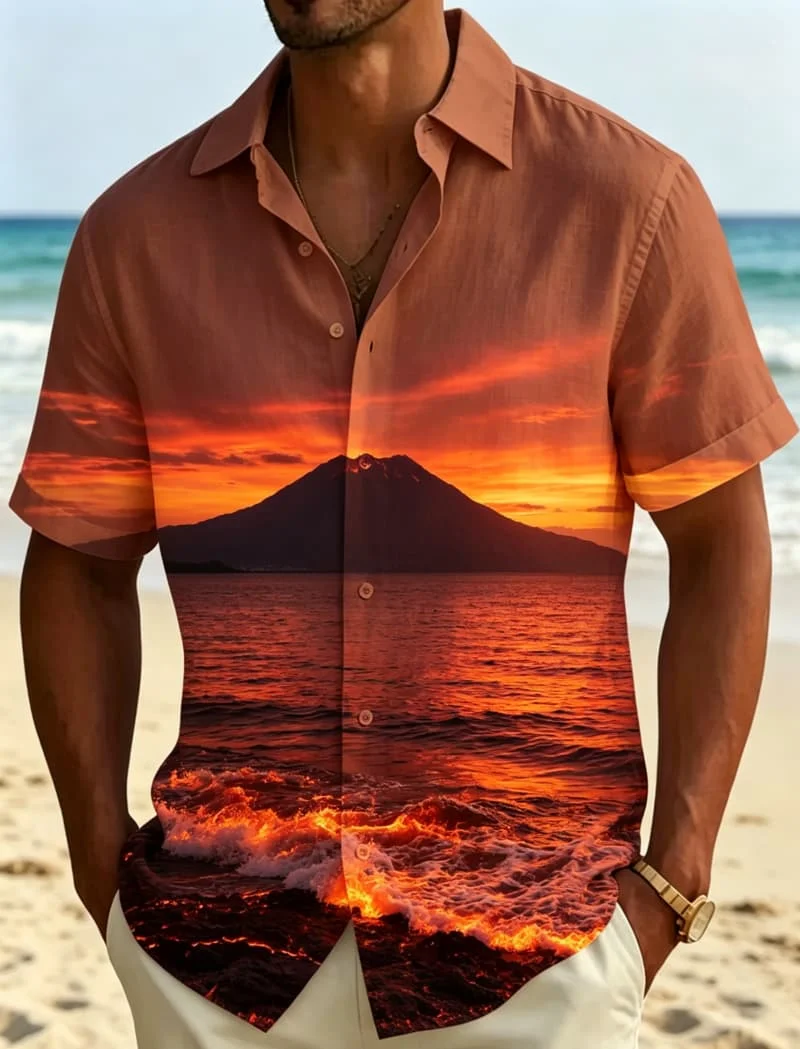 Tropical seaside landscape printed short sleeved shirt suitable for men, suitable for beach vacations, summer travel, daily wear