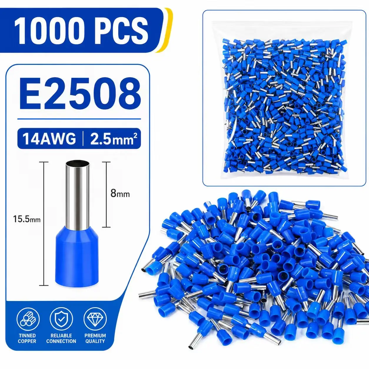 1000PCS Insulated Wire Ferrules Bootlace Cord End Terminals Crimp Electrical Cable Connector E0508 E7508 E1008 E1508 E2508