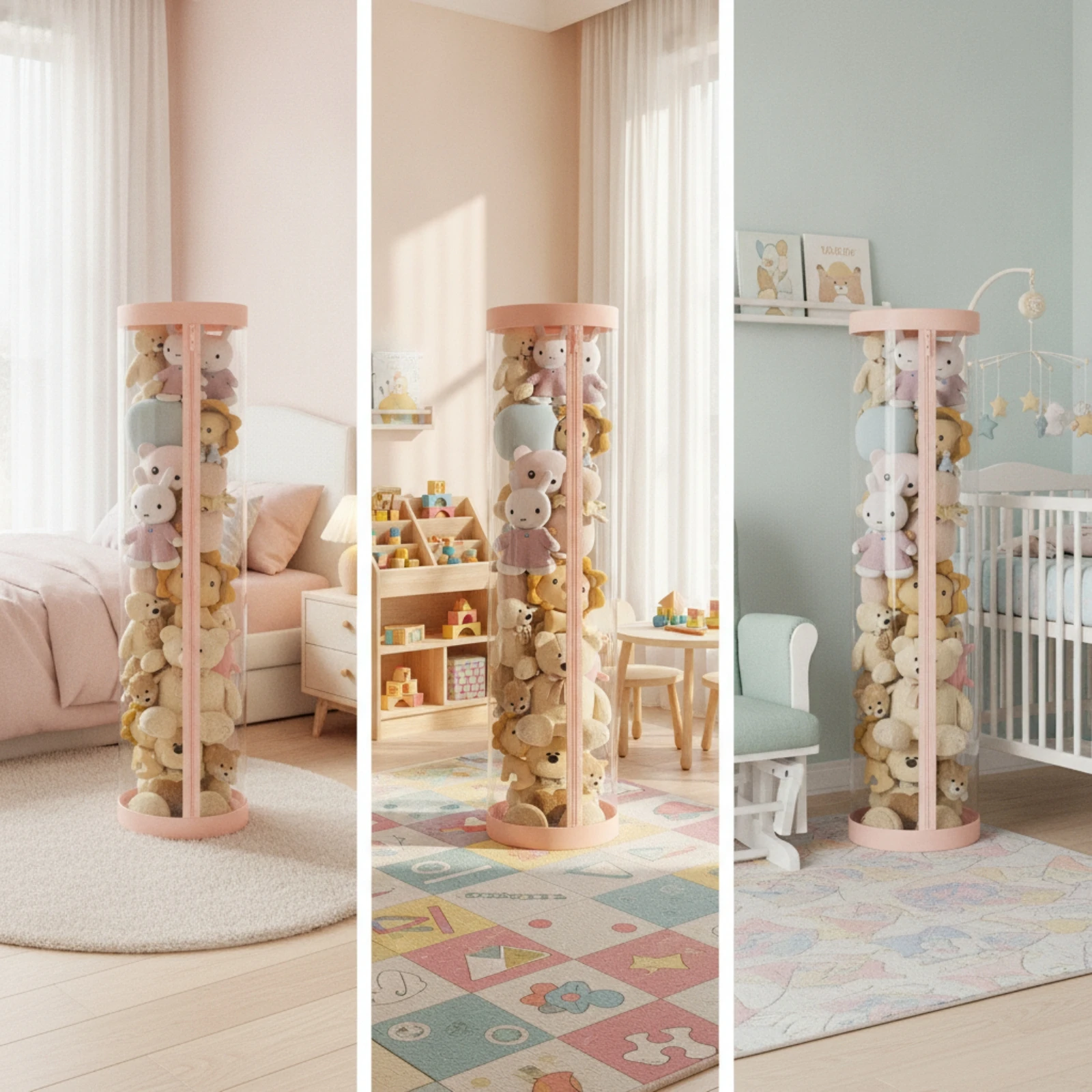 Stuffed Toy Storage Barrel with Zipper Space-Saving Clear Doll Storage Cylinder Stuffed Container Tall Toy Bin Easy Access view 6