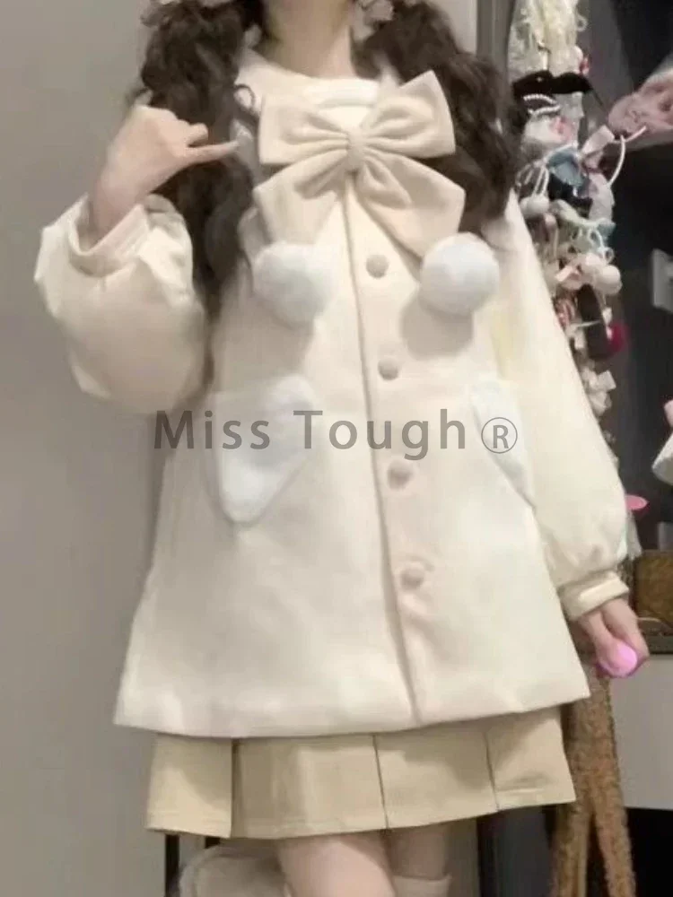 Abrigos Kawaii con lazo cálido japonés para mujer, chaqueta holgada con cuello de marinero, moda coreana, prendas de vestir informales, novedad de 2023