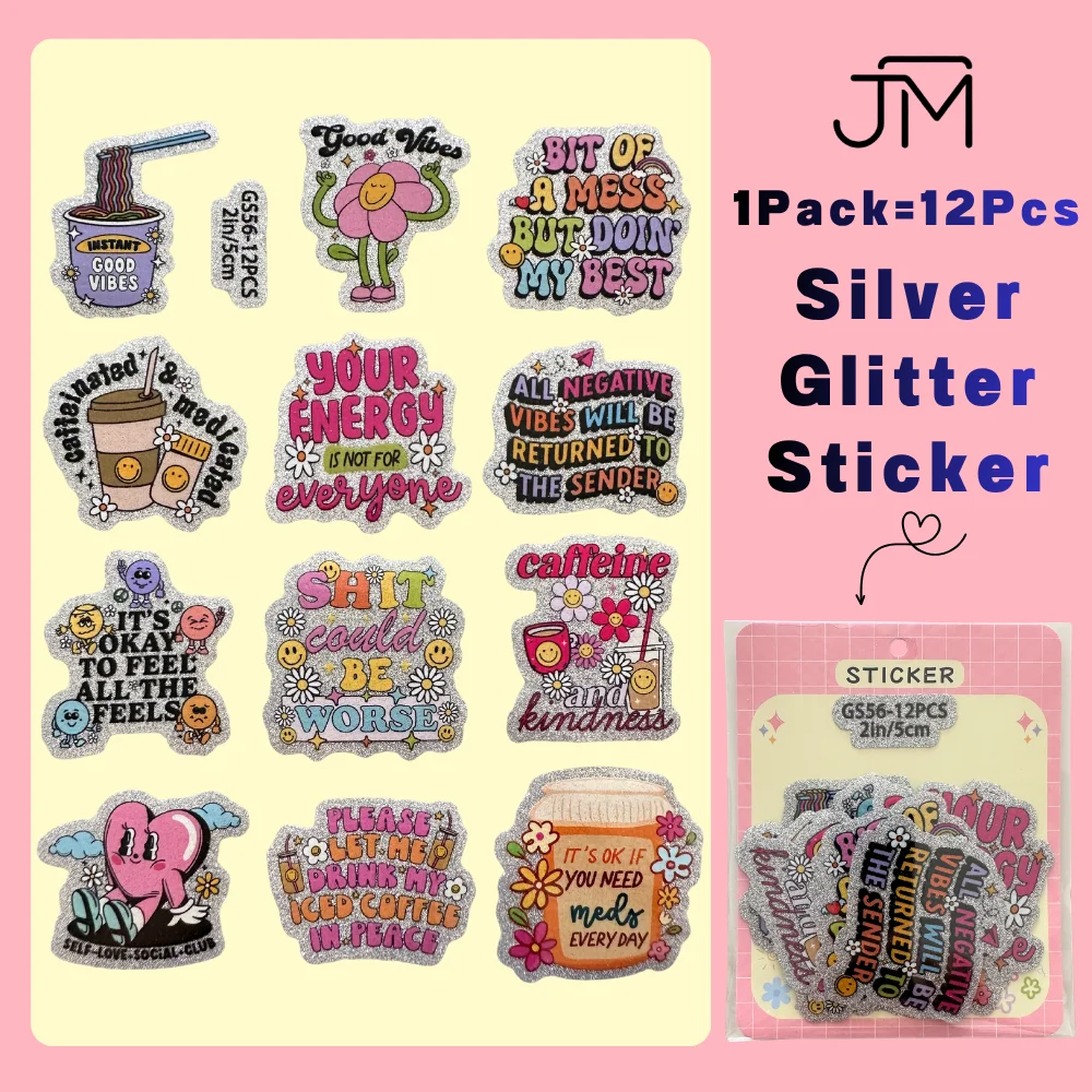 

12pcs Mental Health Reminder Motivation Gold Silver Glitter UV DTF Stickers Sparkling Decals For Cup Notebook Paper DIY Crafts