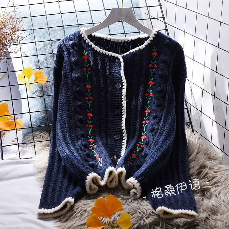 Embroidered knitted cardigan for women loose sweater Japanese sweet women soft glutinous long sleeve o neck sweater female tops