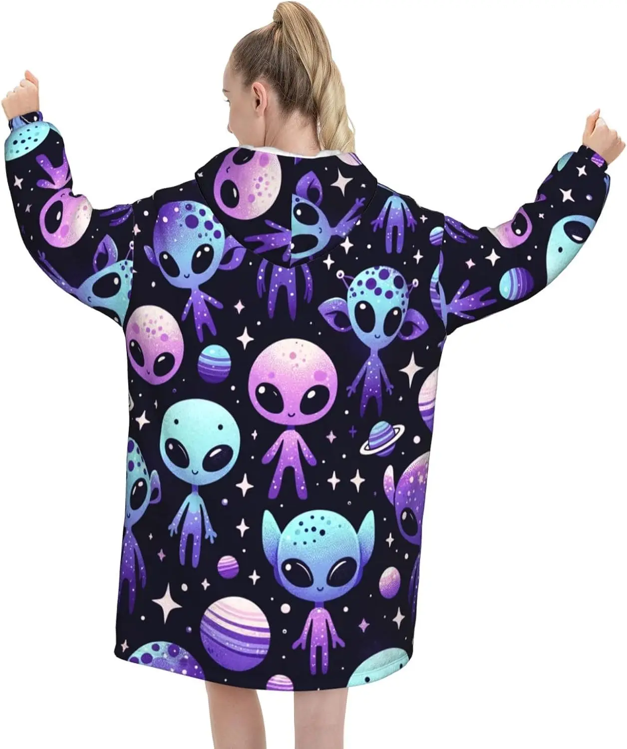 Oversized Adult Long Sleeve Flannel Hoodie Blanket Muffin Alien Galaxies Soft Fuzzy Hooded Sweatshirt Lounging Pullover