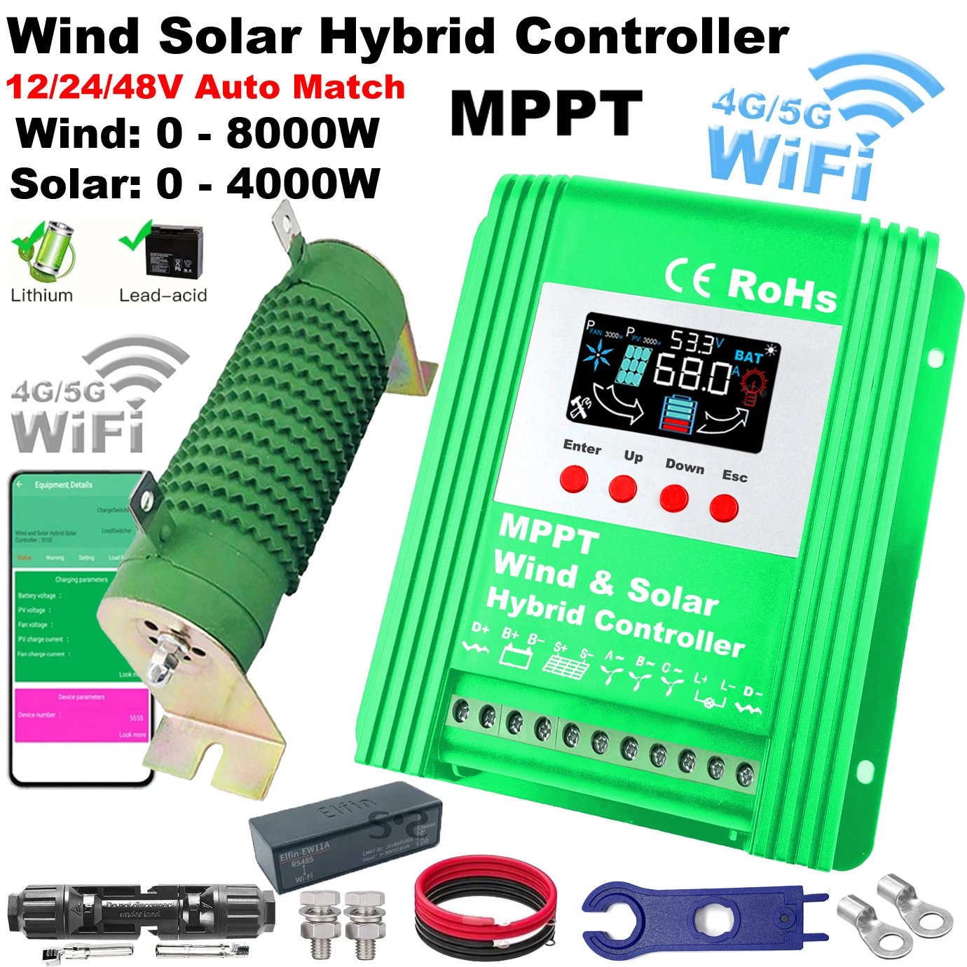 NEW 4000W 6000W 8000W  Wind And Solar Hybrid Black Controller 12V24V 48V  Automatic Ldentification 100A 160A Connectable Battery