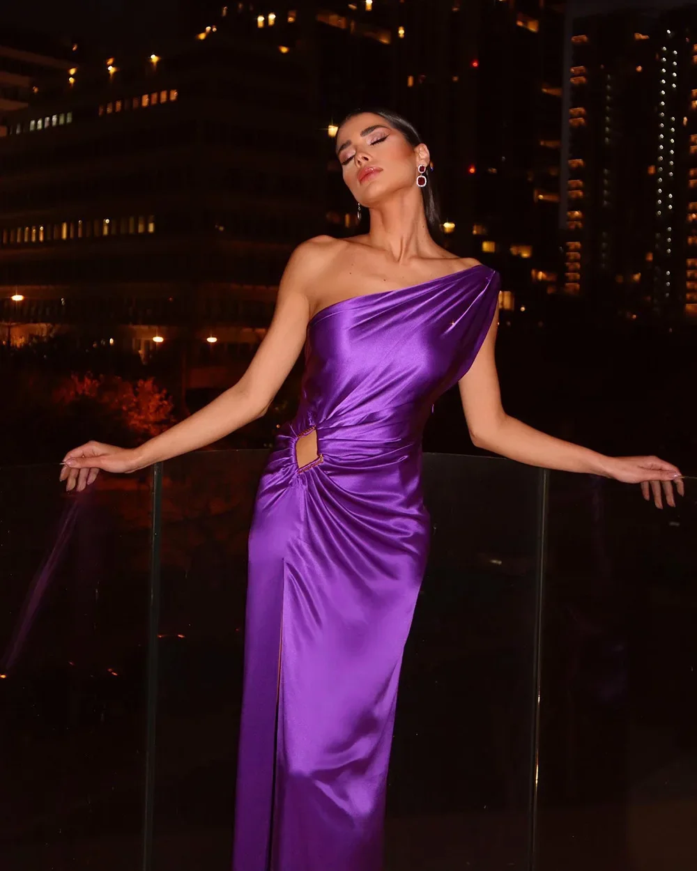 New Ladies Purple One Shoulder Sexy Skinny Draped Sleeveless Sequin Cutout High Slit Long Celebrity Party Dress Sexy Dress