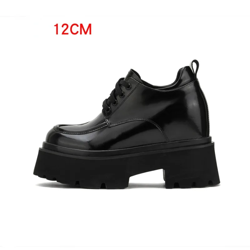 Invisible Heightening Shoes for Women's Genuine Leather Comfortable Increased 14CM Ultra High Heels Casual Thick Sole Black Shoe