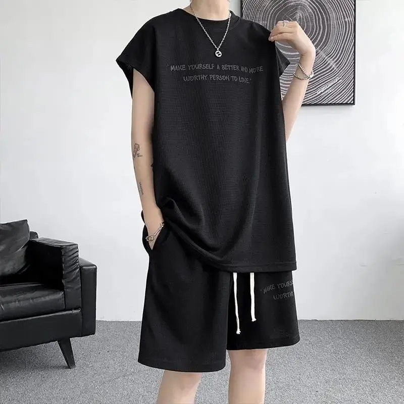 

Men Summer Trendy Sportswear Set Plus Size Waffle Sleeveless Tank Top T Shirt Casual Versatile 2 Piece