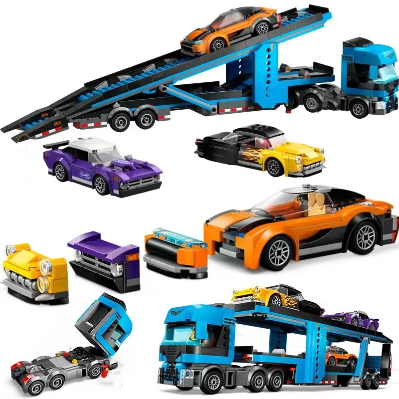 

Compatible MOC Sets City Series Building Blocks Car Transporter Truck with Sports Cars Children's Toys Assembling Gift