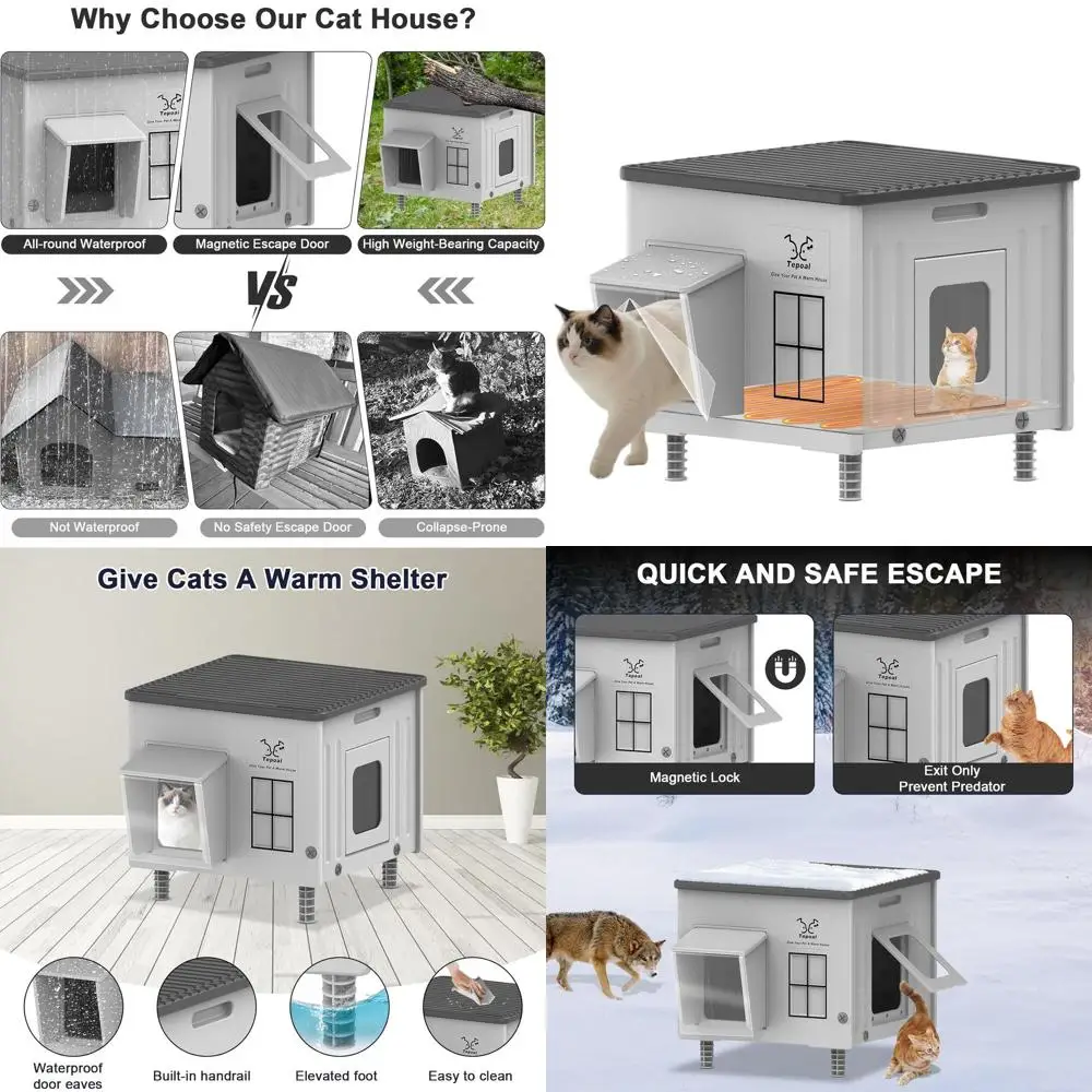 

Outdoor Insulated Heated Cat Shelter for Feral Cats, Weatherproof with Safe Exit, Grey, 17.7x17x17.5