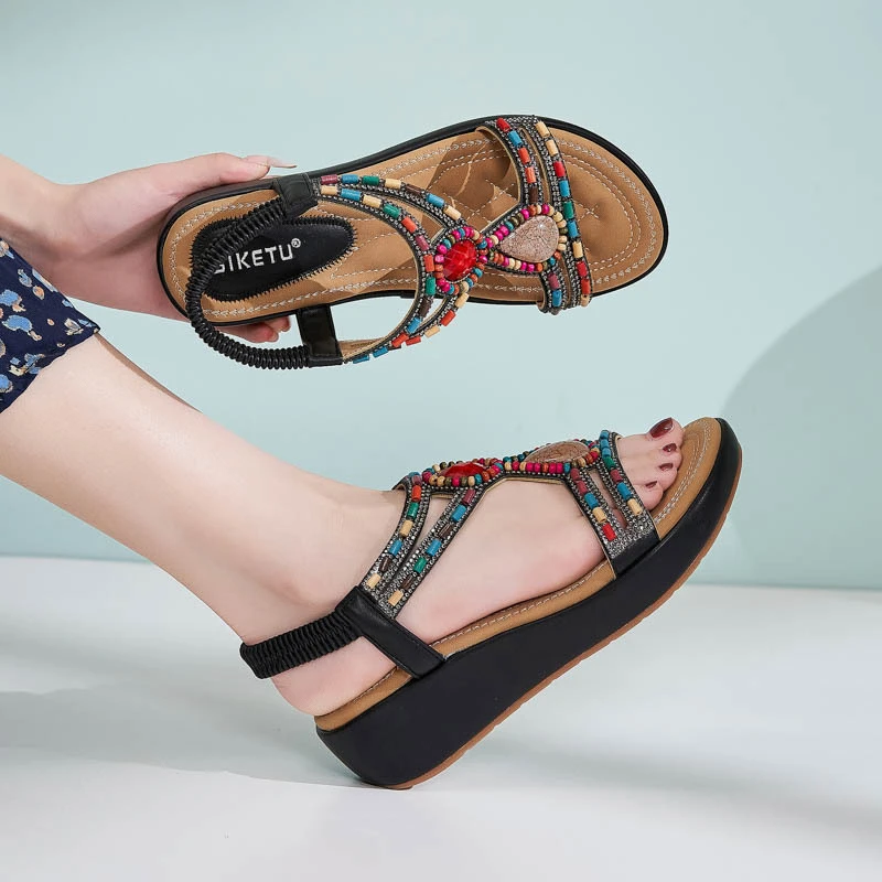 Ethnic Style Bohemian Retro Beaded Elastic Band Rhinestone Heel Sandals For Women's Thick Sole Casual And Comfortable New view 5
