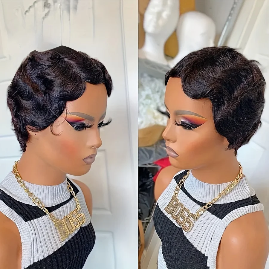 フィンガーウェーブカーリーウェーブピクシーカットウィッグ 女性用 150%密度 6インチ人毛ウィッグ 女性用 フルマシンメイドウィッグ