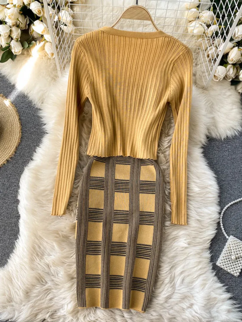 Women knit two piece set plaid print spaghetti strap bodycon mini dress and long sleeve knit cardigan suits womens clothing sets