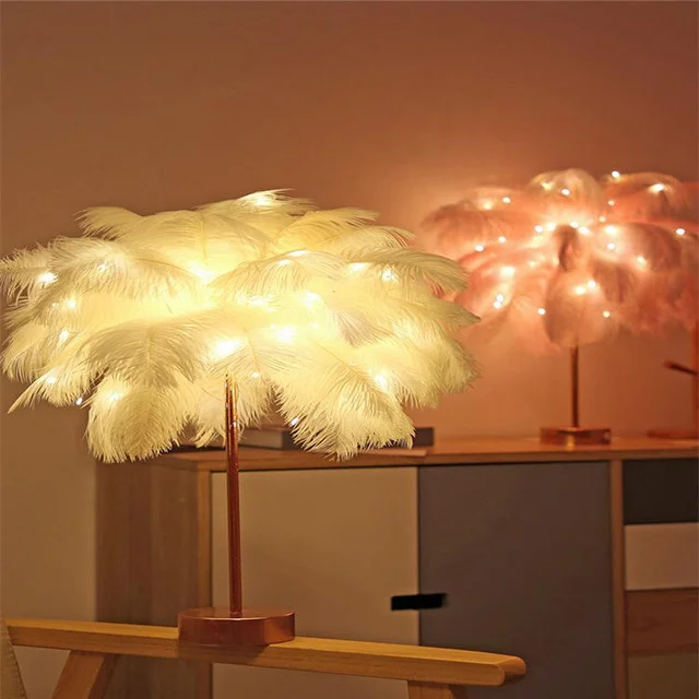 Feather Table Lamp Bedroom LED Night Light ins Girl Heart Bedside Lamp Modern Wedding Decoration Small Lantern Festive Gifts