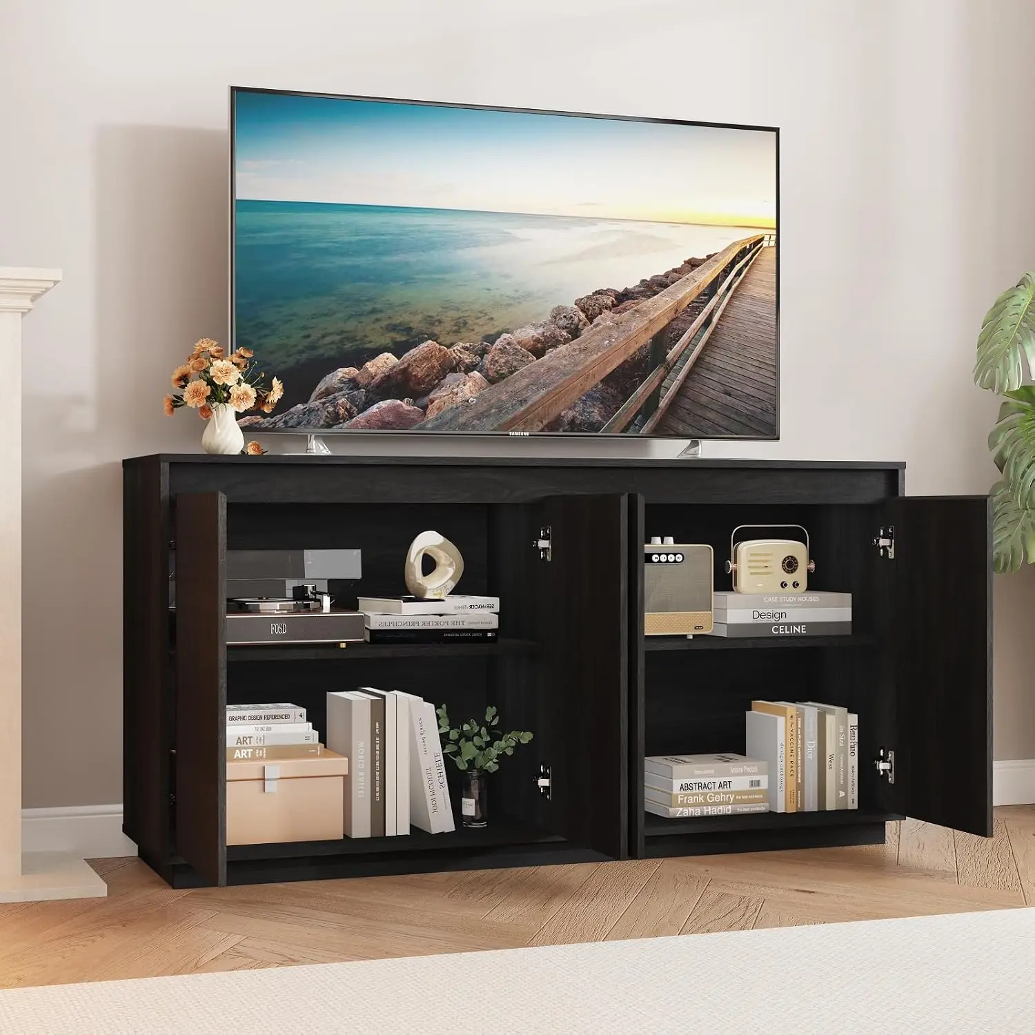 Fluted Black Sideboard Cabinet with Storage & Charging Station, Kitchen Dining Entryway Coffee Bar, Buffet Credenza, Customized image 6