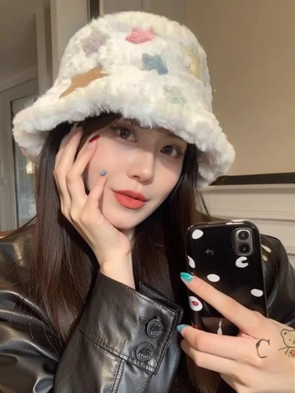 warm-stylish-japanese-style-women's-autumn-winter-fishing-cap-plush-star-patterned-hat-trendy-versatile-small-face-effect
