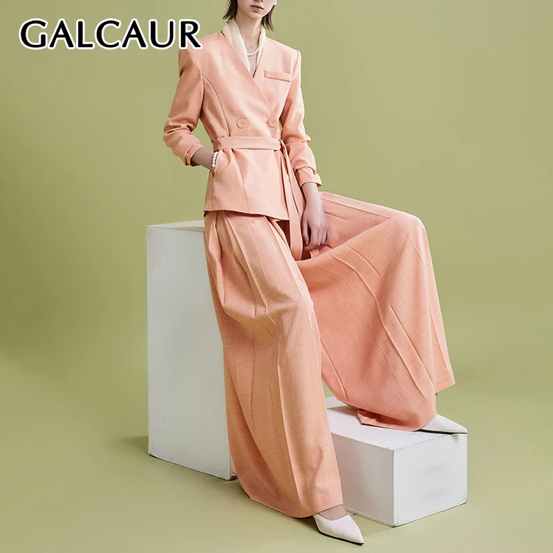 GALCAUR Casual Solid Womens Set V Neck Long Sleeve Spliced Lace Up Tops High Waist Loose Pleated Wide Leg Pant Spring Set Female