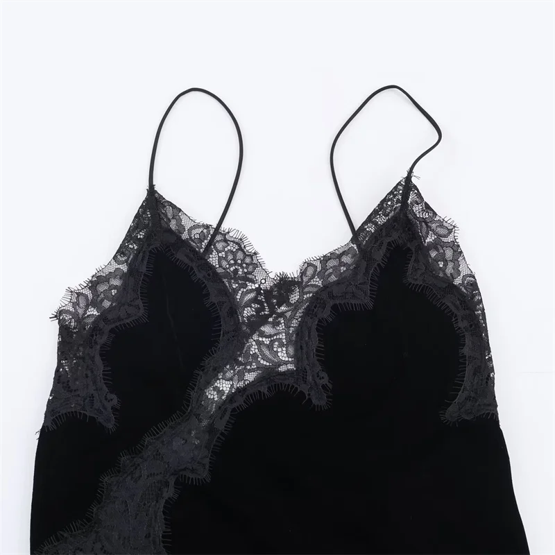 Vestido feminino 2025 outono recém chegados preto veludo cinta de espaguete vestido assimétrico com detalhes de renda sexy e elegante