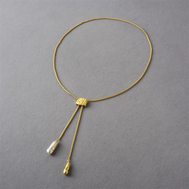 French Brass Copper Gold-Plated Pull-out Adjustable Pearl Pendant Necklace for Women Minimalist Unique Chain Exquisite Jewelry