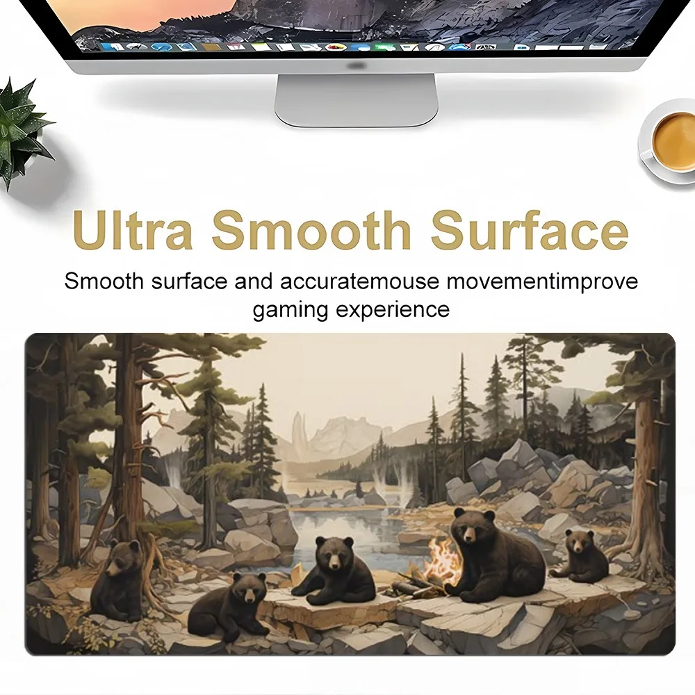 Large-sized forest wildlife desk mat and mouse pad, featuring a bear family landscape design alfombrillas para escritorio