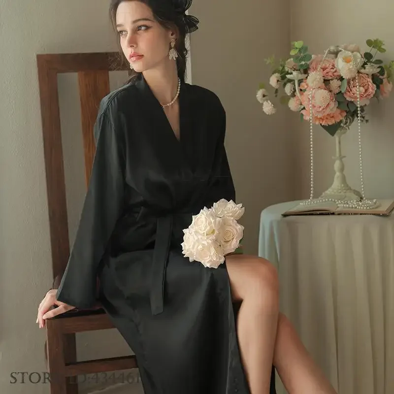 الأبيض الحرير الساتان العروس وصيفه الشرف الزفاف رداء فستان المرأة ملابس خاصة طويلة كيمونو البشكير ثوب مثير فضفاض ملابس المنزل المتسكعون