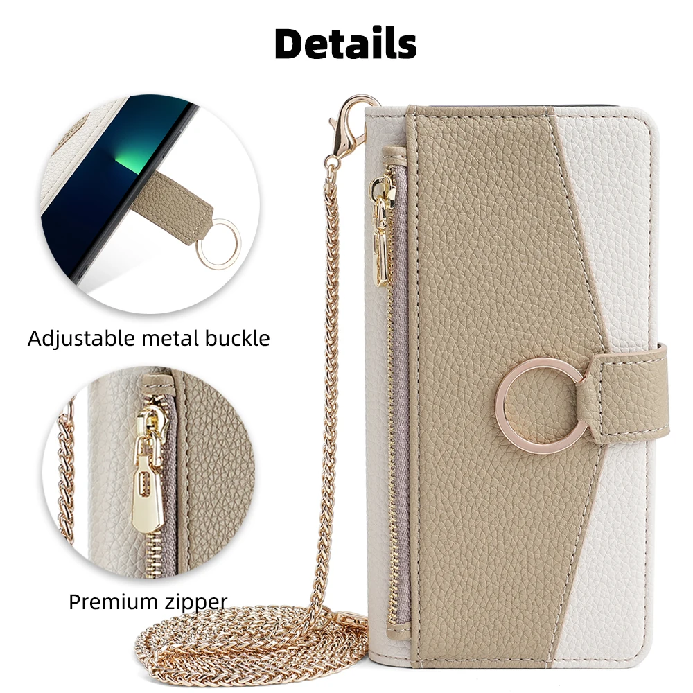 Crossbody Wallet Case for Vivo Y35 Plus Y35M Y36 Y78 Y77 Y55 Y75 Y53s Y74s Y33T Y15S Y70s Y22s Y73 Y52 Flip Cover Metal Chain