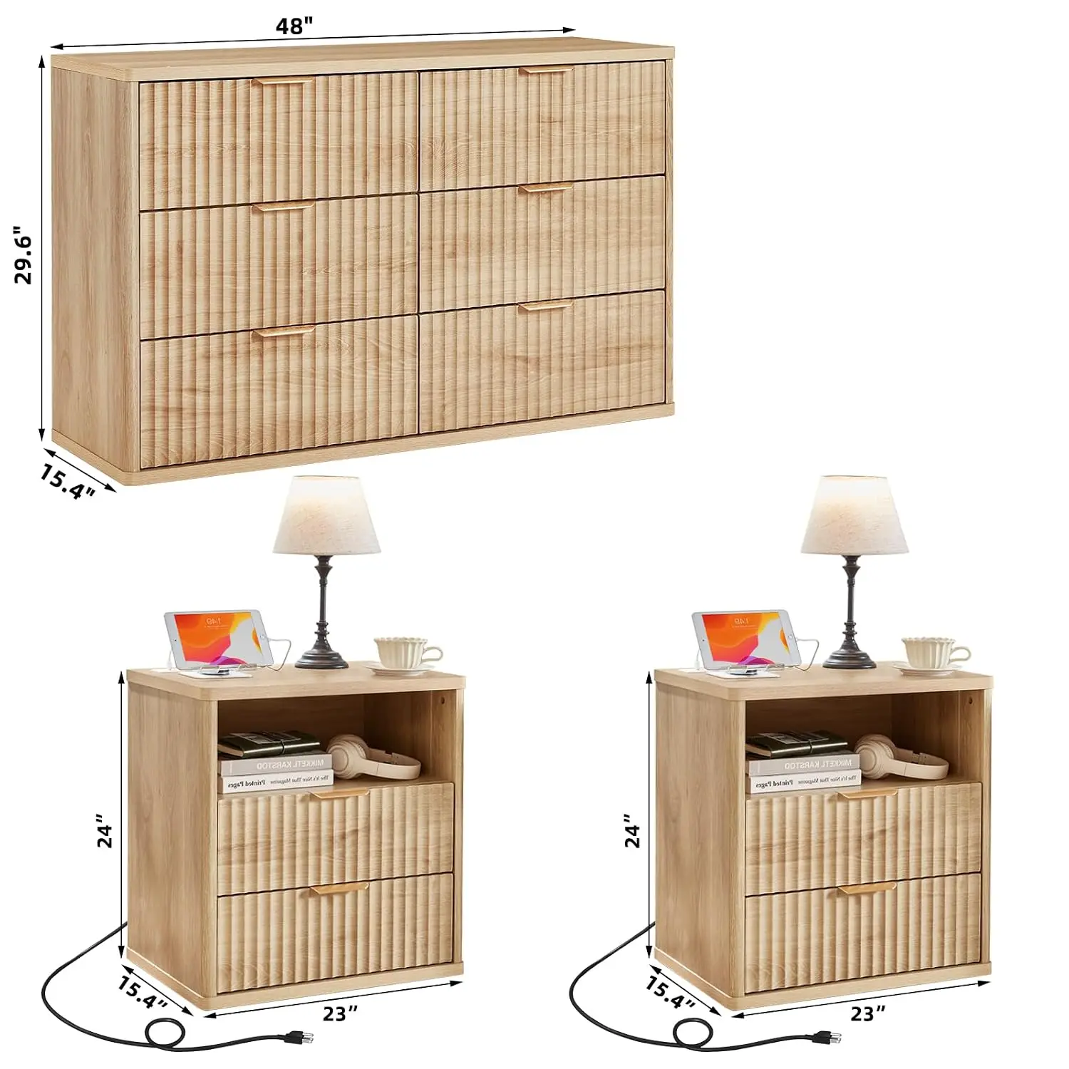 Fluted Dresser & Nightstand Set With Charging Station, 3-Piece Wood Bedroom Furniture, Natural, Customized