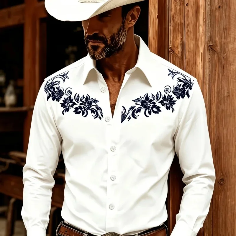2026 New Men's Shirt Western Style Long Sleeve Shirt with Deep Blue Flower Printed Shoulder Collar, Retro Casual Men's Top