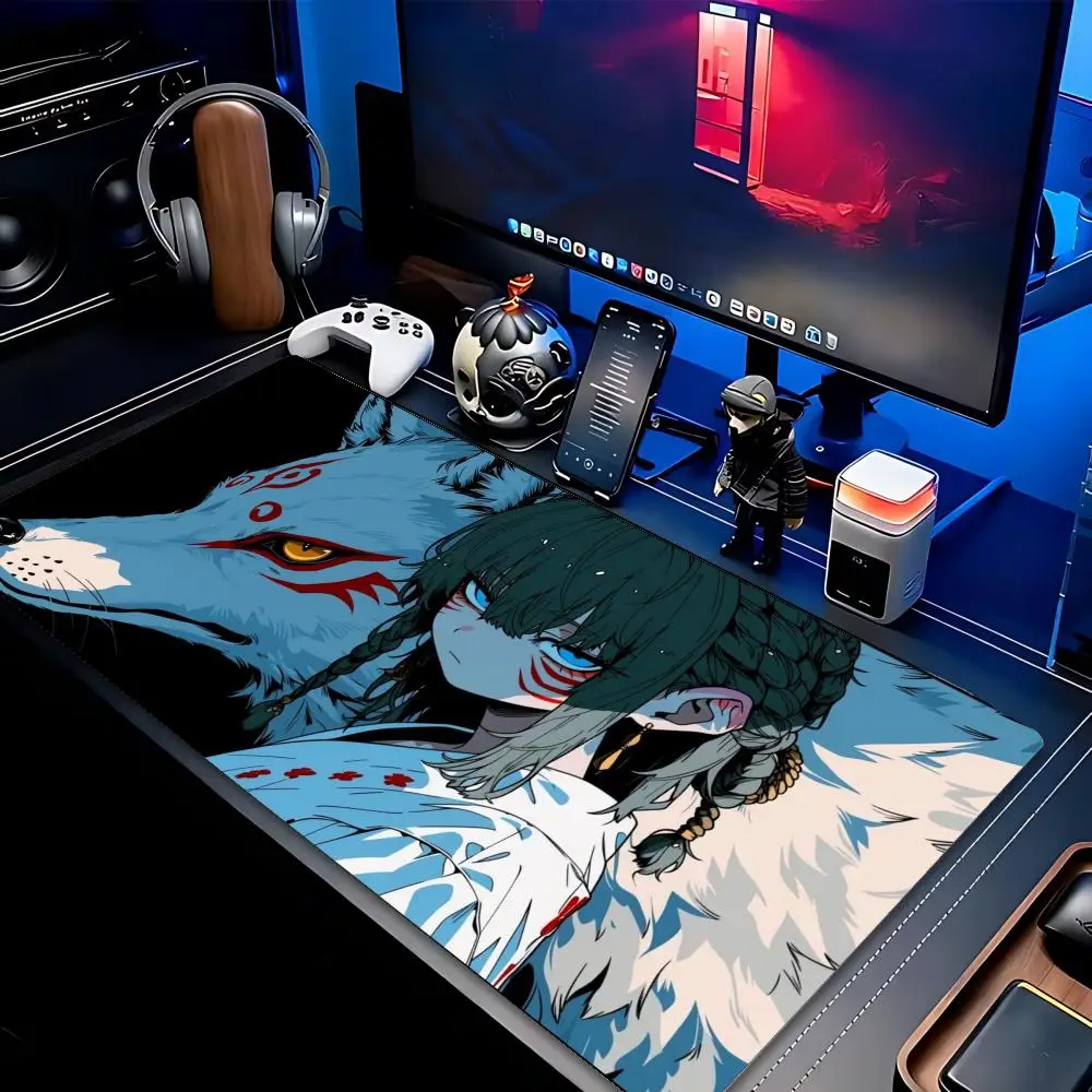 Tribal Mark Anime Girl Mouse Pad XXL Mystic Wolf Spirit Non‑Slip Rubber Deskmat Pc Game Keyboard Mats Large Computer Mouse Mat