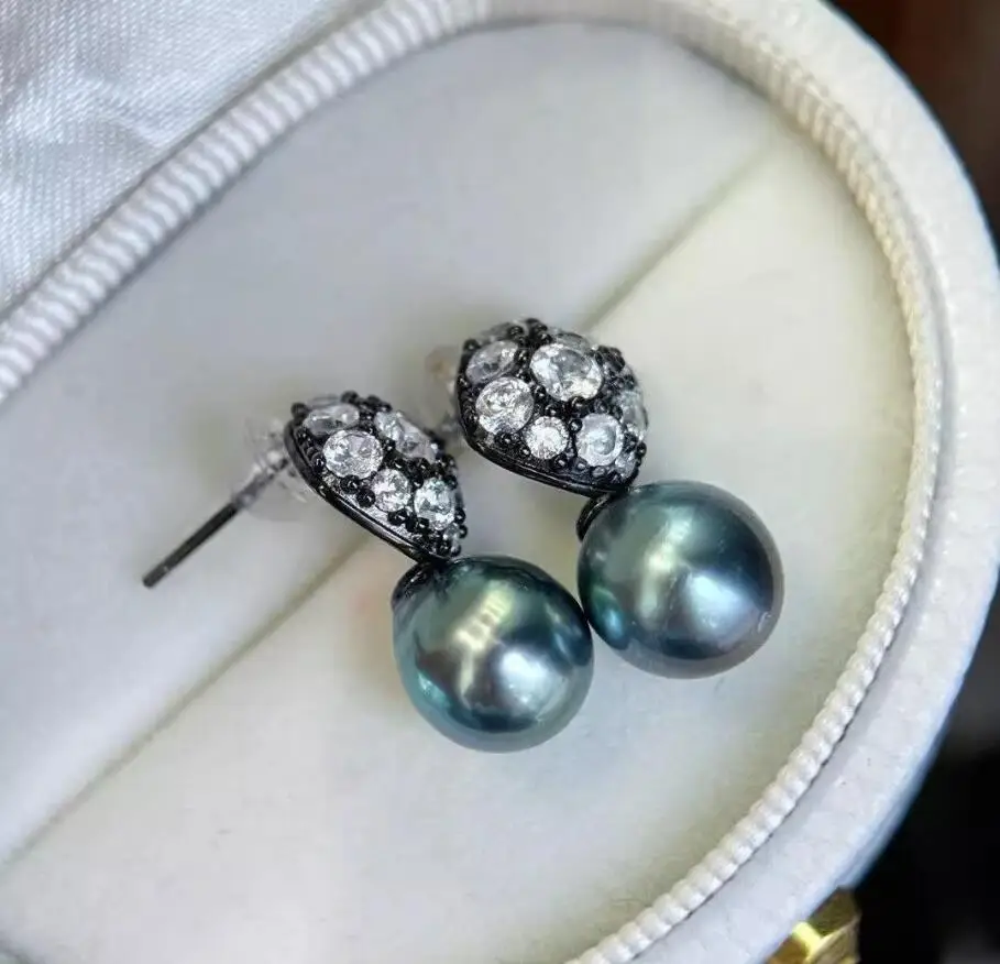 Charming Pair of 9*10mm natural south sea black green drop pearl earring 925s