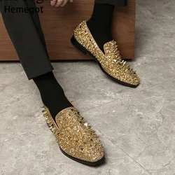 Men Rivets Loafers Bling Bling Gold Glitter Round Toe Slip-On Flat Leisure Shoes Flat Shoes for Man Party Shoes Male Gold Shoes