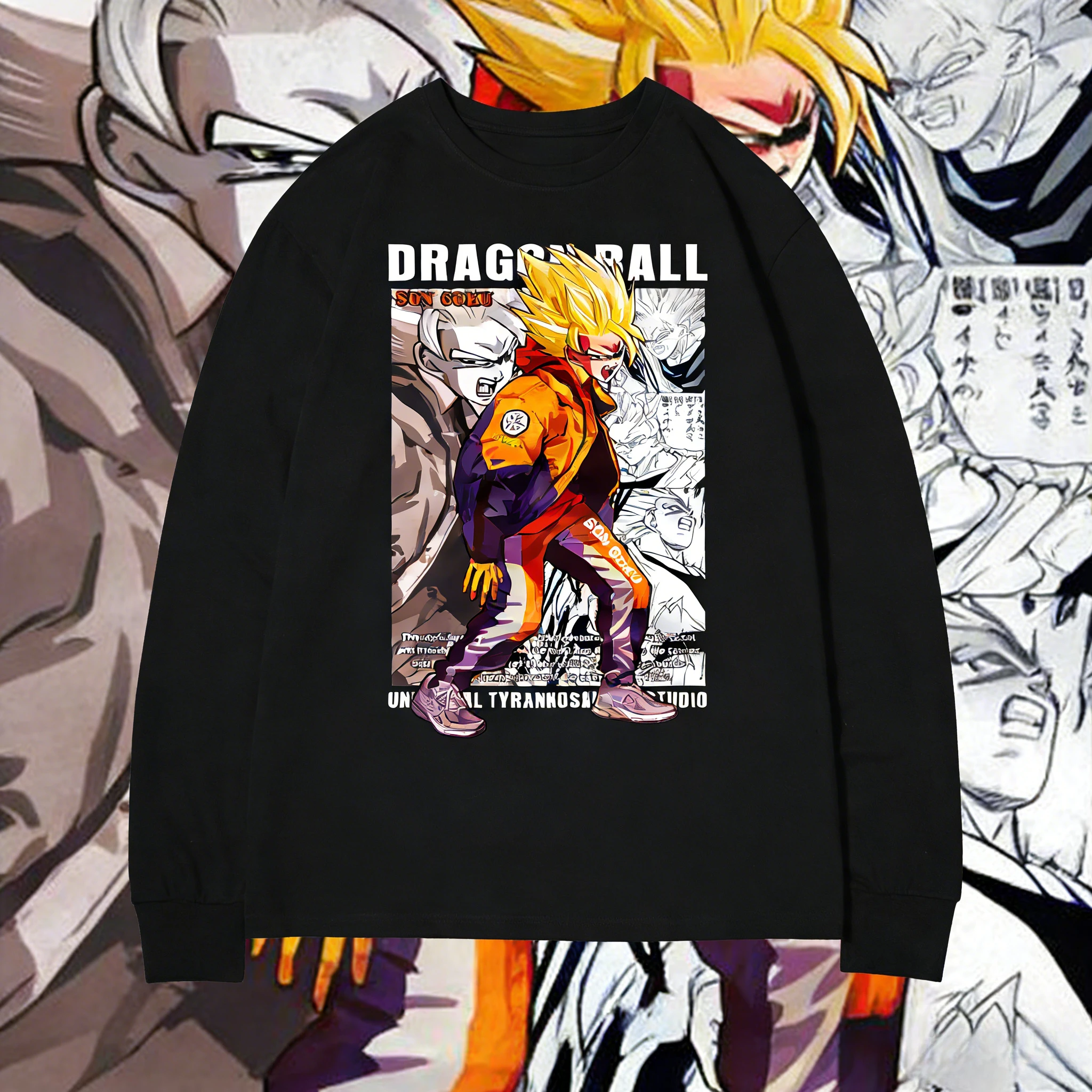 

2026 Autumn Winter Dragon Ball Pure Cotton Retro Long Sleeve T-shirt Oversized Fleece Super Saiyan Goku Streetwear Print Unisex