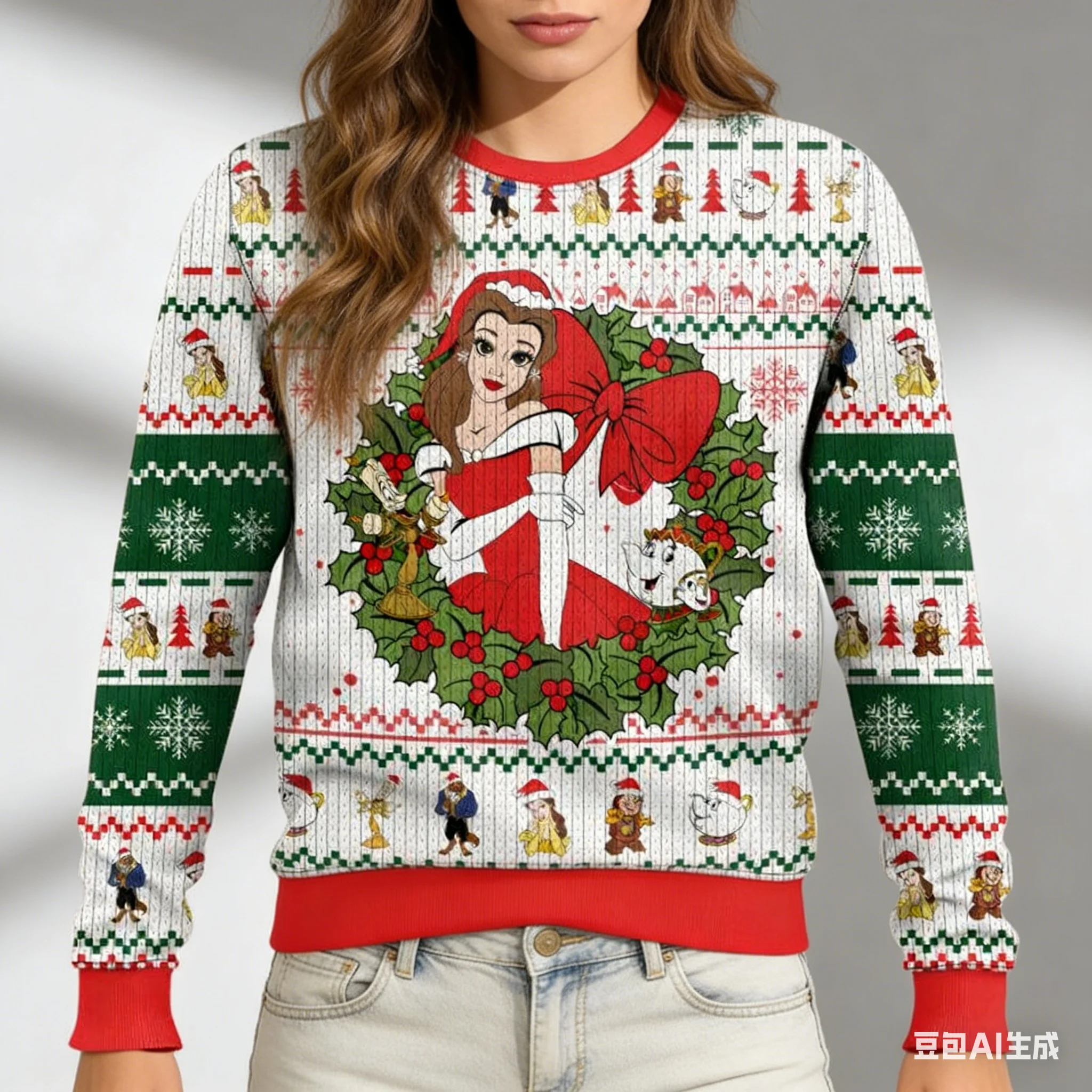 

Женский зимний пуловер с принтом «Красавица и чудовище» Belle с рождественским принтом, модная толстовка в уличном стиле, стиль Y2k