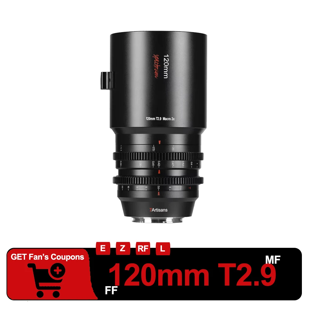 7artisans Full Frame 120mm T2.9 2X Macro Telefoto Cine-lens, compatibel met Sony E, Nikon Z, Canon RF en L-mount.