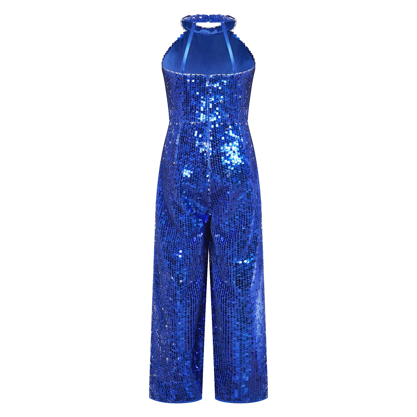 Kids Girls Shiny Sequin Romper Jumpsuit Halter Neck Sleeveless Wide Leg Pants One-Piece Bodysuit for Dancing Performance