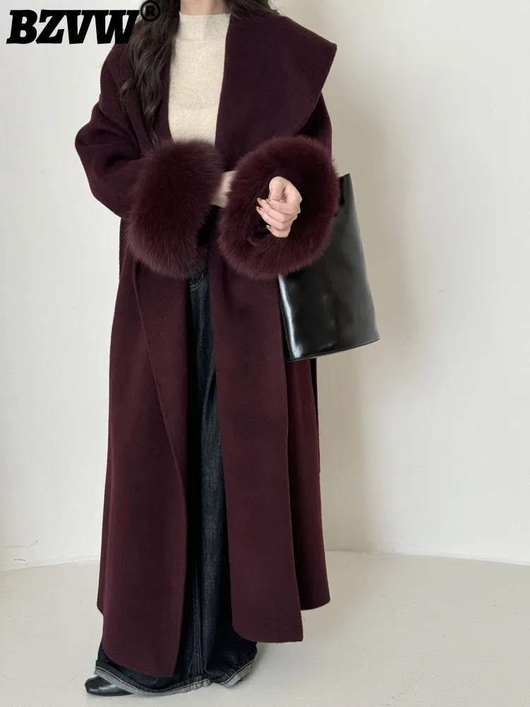 BZVW Fox Hair Double Sided Woolen Coat Women's Big Lapel Long Sleevers Belt Gathered Waist Back Split Coats 2025 New 25Z1956