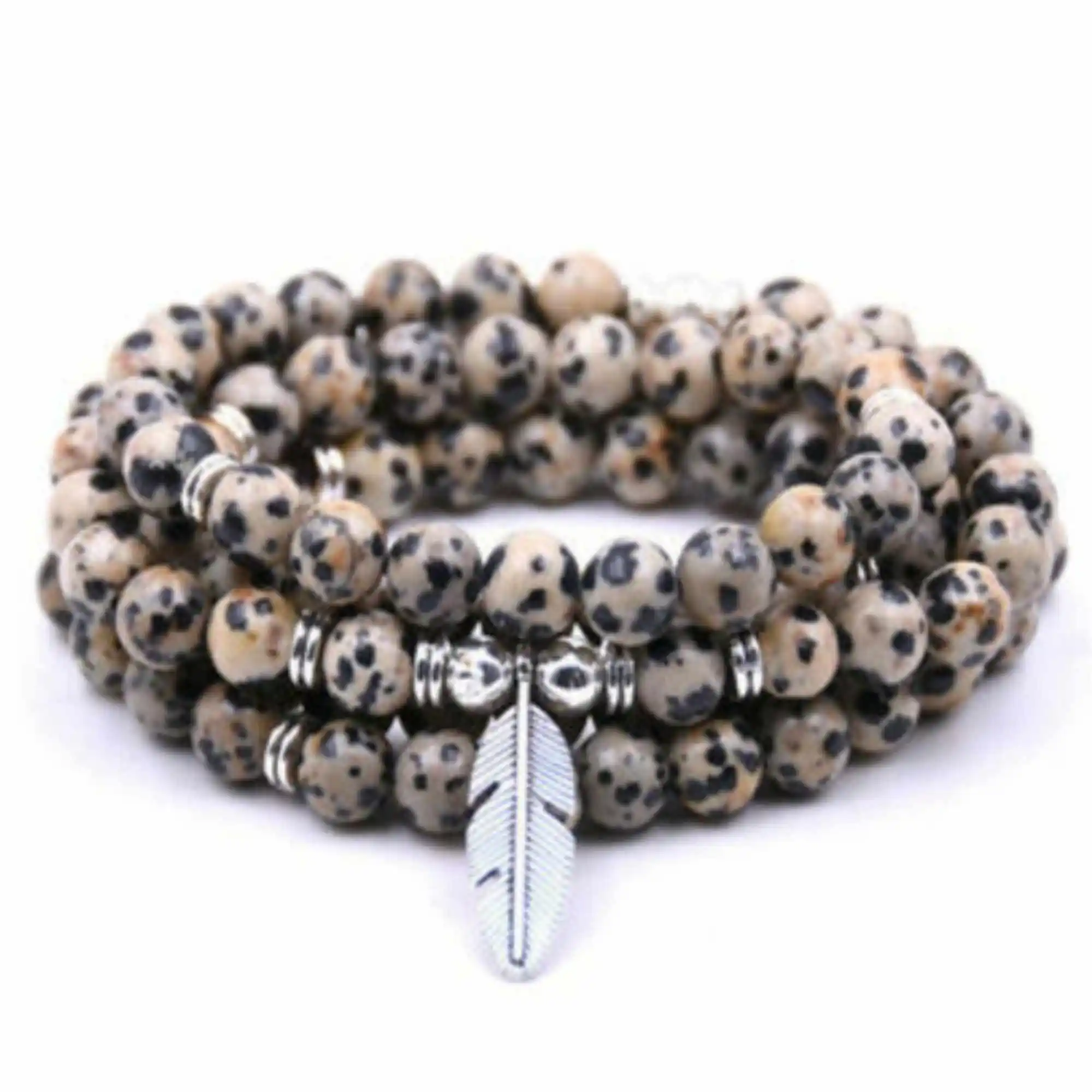 

6mm Spotted Stone 108 Beads Leaf Pendant Bracelet Lucky Healing Unisex Cuff Jewelry Gift Sacred Women Handmade Prayer