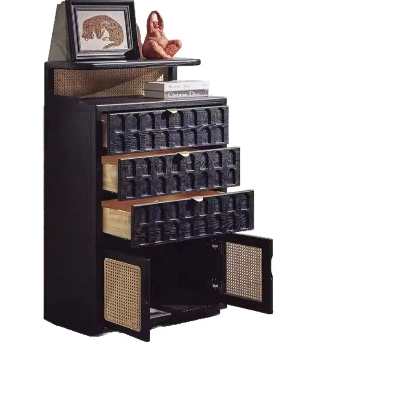 

Solid wood side cabinet, oak rattan braided small apartment household, porch cabinet, storage, Nordic dining side cabinet