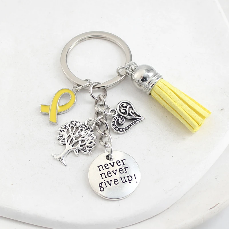 New Arrival Yellow Ribbon Endometriosis Awareness Keychains Keyring Never Give Up Life Tree Charms Key Chain Jewelry Gifts