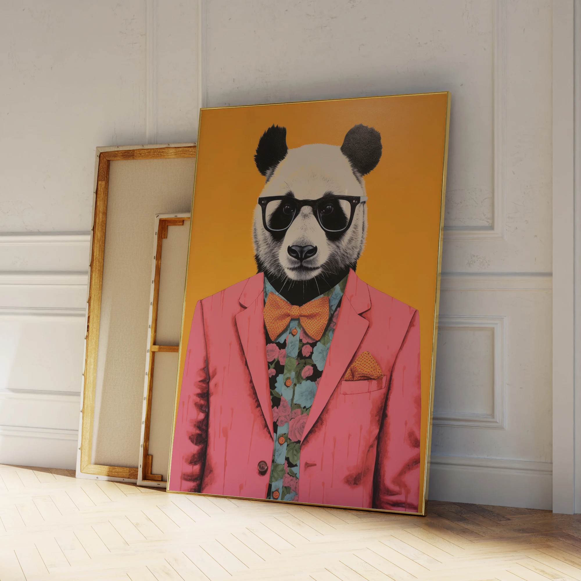 Moderner Panda mit rosa Anzug, modisches Wandgeschenk, Kunstdrucke, Leinwandgemälde, Poster, Bild für Wohnzimmer, Heimdekoration