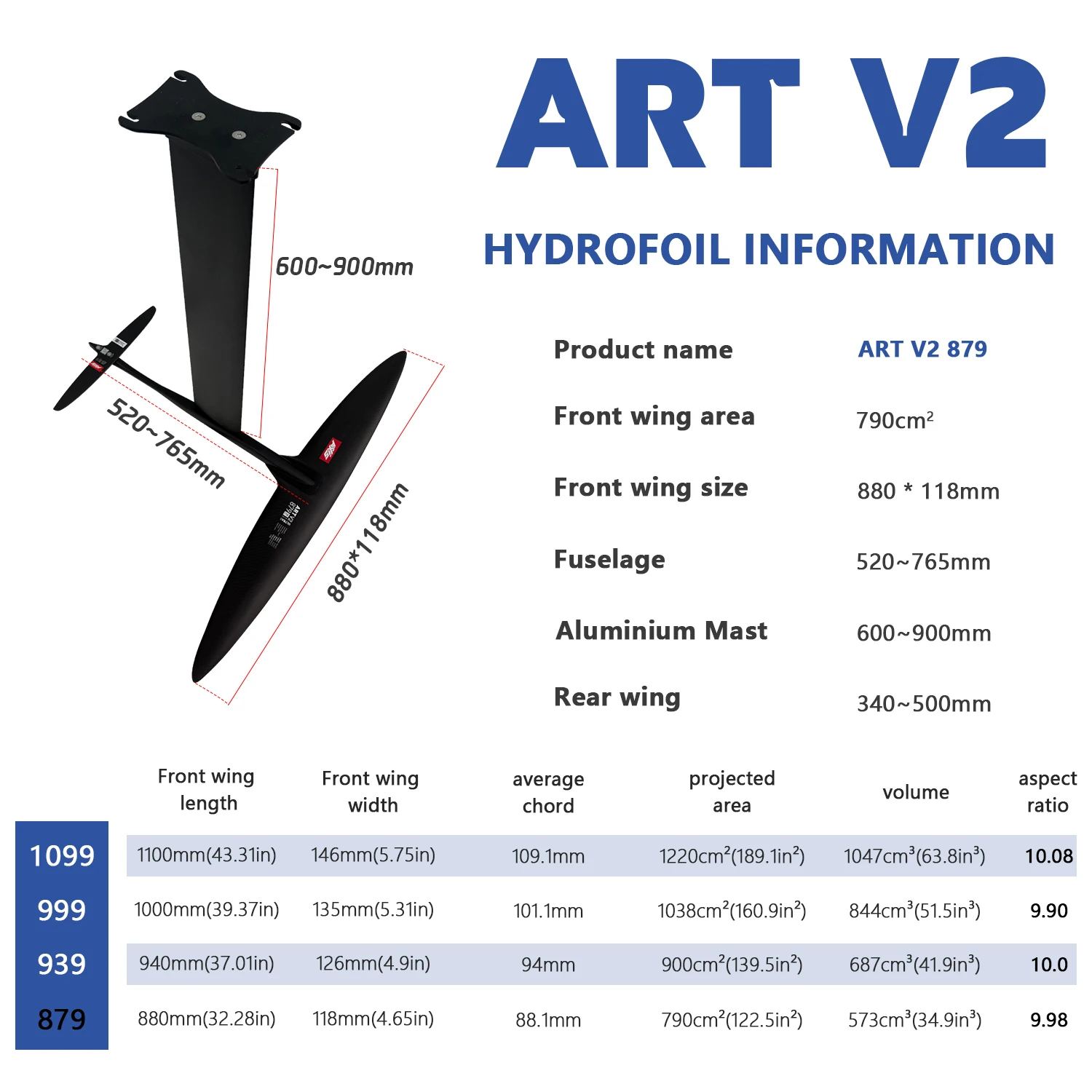 Prone Surf ART V2 879 Carbon Hydrofoil Quick Turning Efficient Glide Stable Control Fast Wave Ride Performance Board