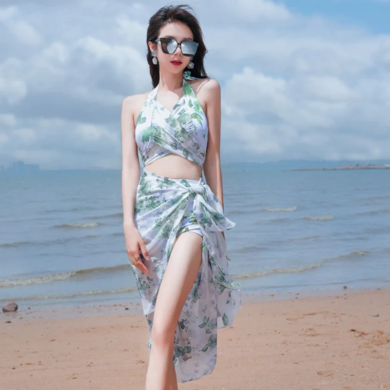 Floral Print Bikinis Set Women Three Piece Set Side-slit V-neck Halterneck Design Chest Pad Beach Style Sexy Sweet Attractive
